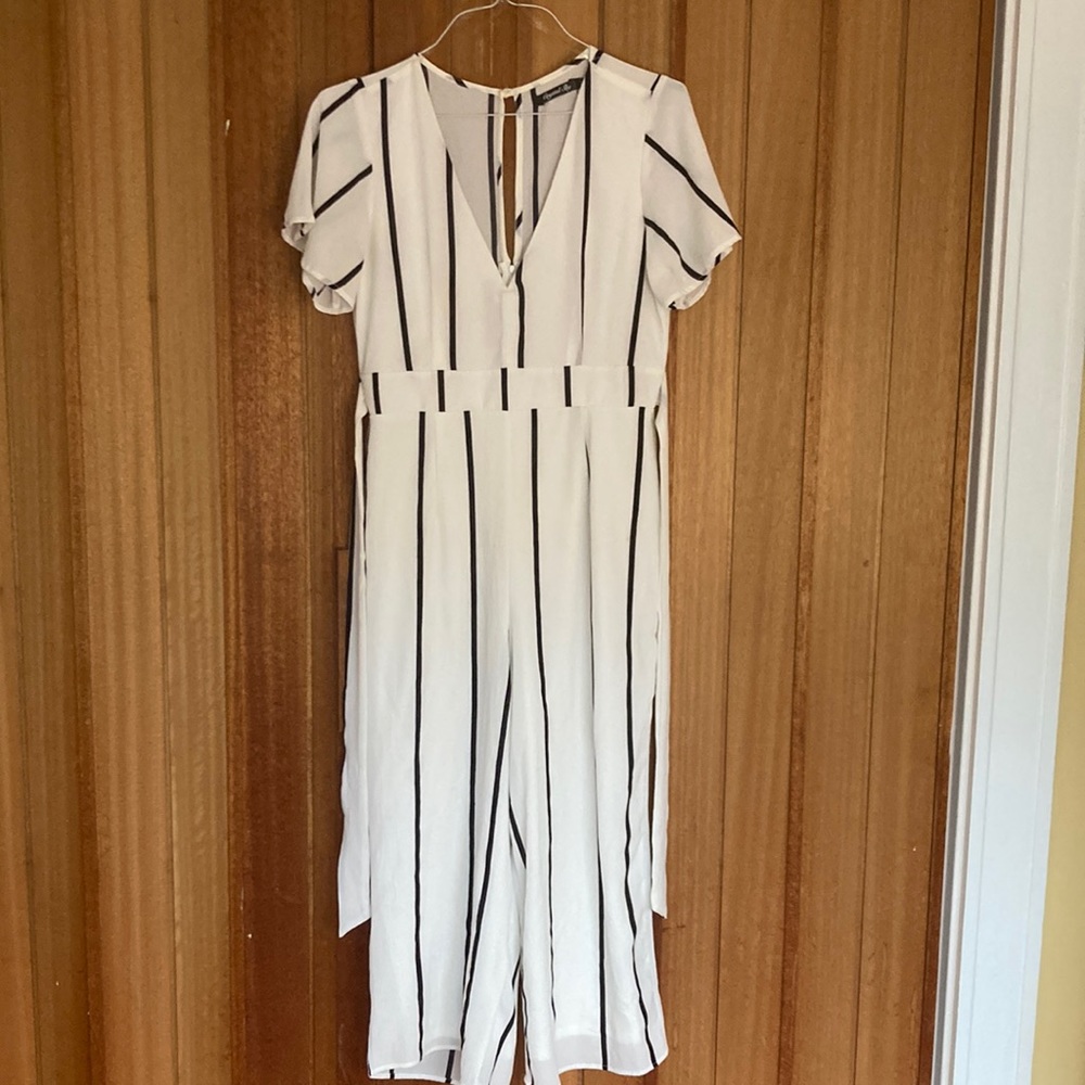 Crystal Sky black and white vertical striped cropped jumpsuit